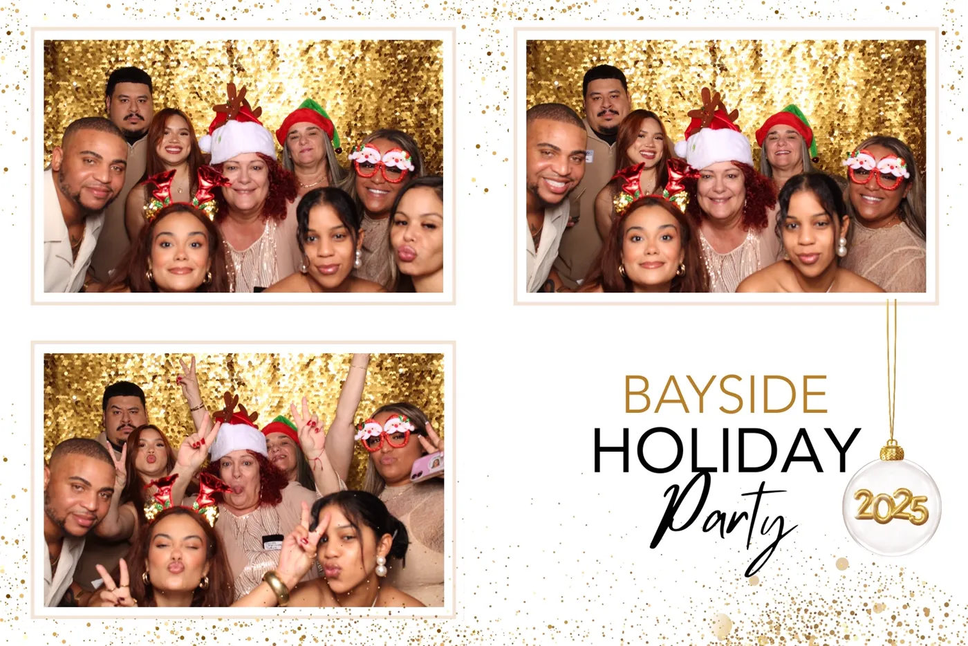 Bayside company holiday party guests in a gold-sequin branded corporate photo booth print