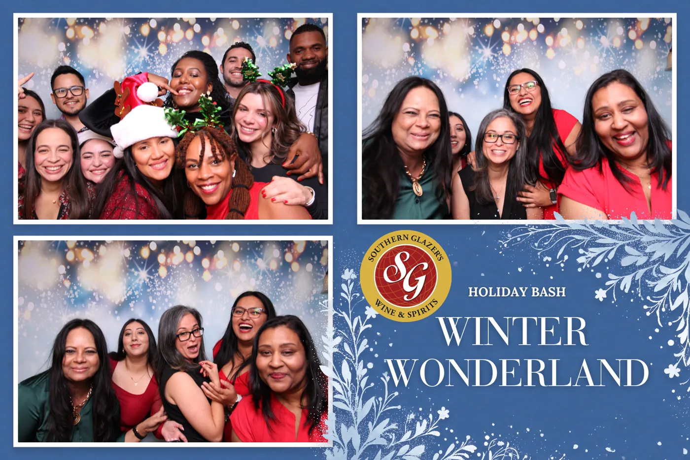 Southern Glazer's Wine & Spirits employees in a branded Winter Wonderland holiday photo booth print