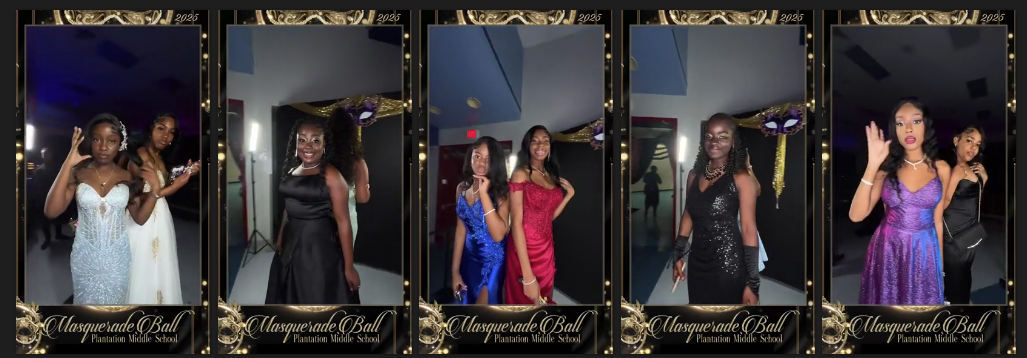 Five vertical 360 captures side by side, each framed in a gold Masquerade Ball overlay