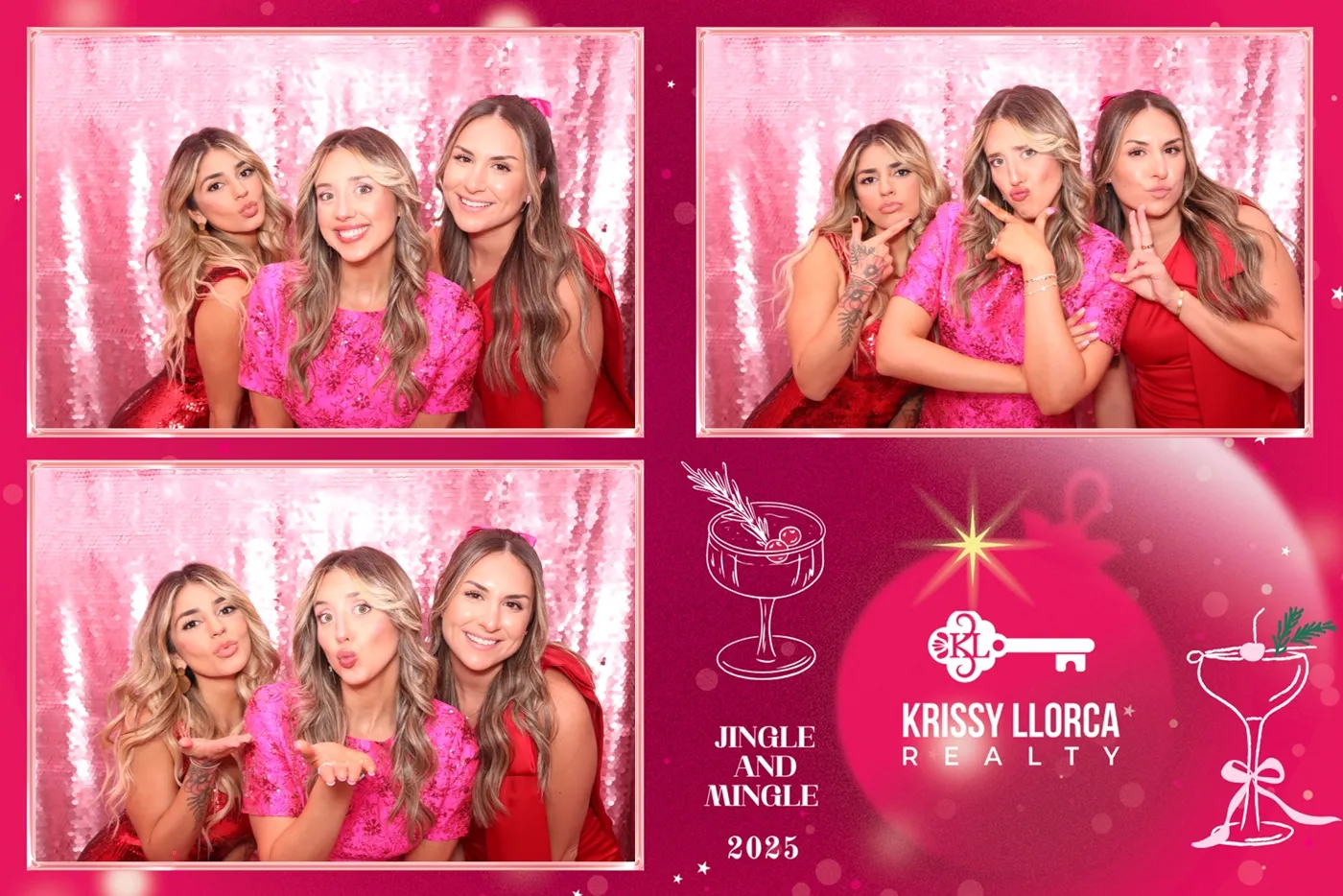 Guests posing in a pink sequin branded holiday photo booth print