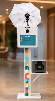 Branded photo booth with custom NOMA decals, start screen and side panels