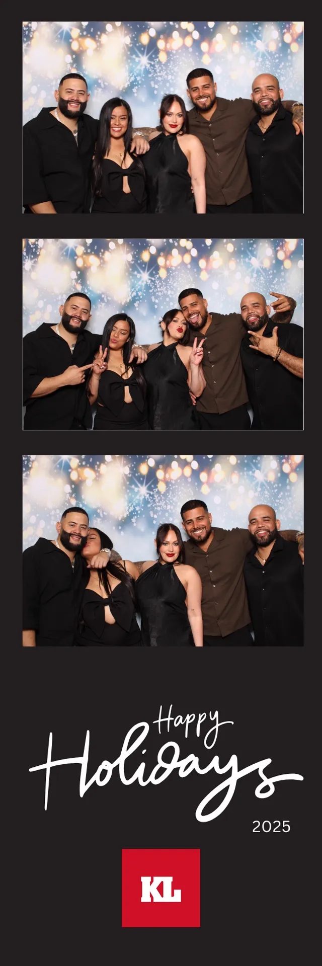 Happy Holidays 2025 branded corporate photo booth strip with logo footer