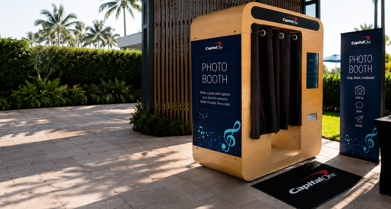 Branded Capital One photo booth installed at a corporate event
