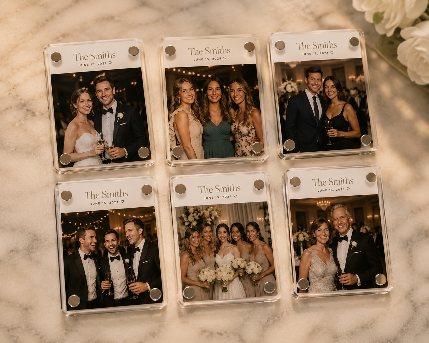 Personalized acrylic wedding photo magnets engraved with names and wedding date