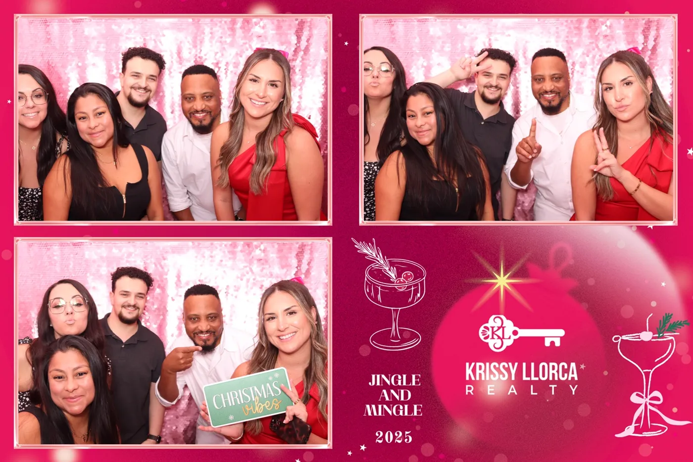 Coworkers with Christmas props in a logo-branded holiday photo booth print