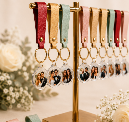 Personalized photo keychains hanging on a brass display stand