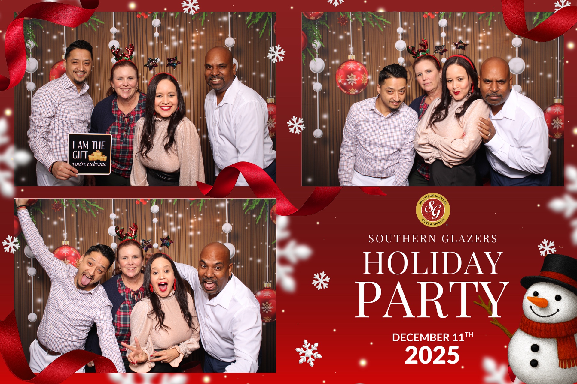 Southern Glazer's Wine & Spirits corporate holiday party photo booth collage with branded ornament backdrop, festive props, and group portraits