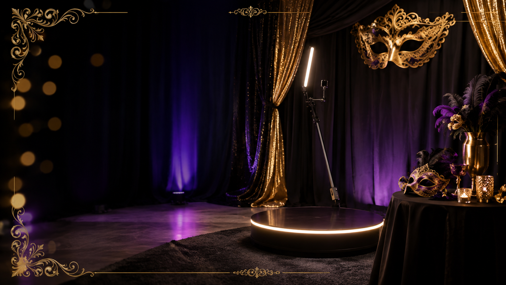 Black, gold and midnight-purple masquerade setup with an empty 360 platform, ring light, gold drapery and a mask-and-feather prop table