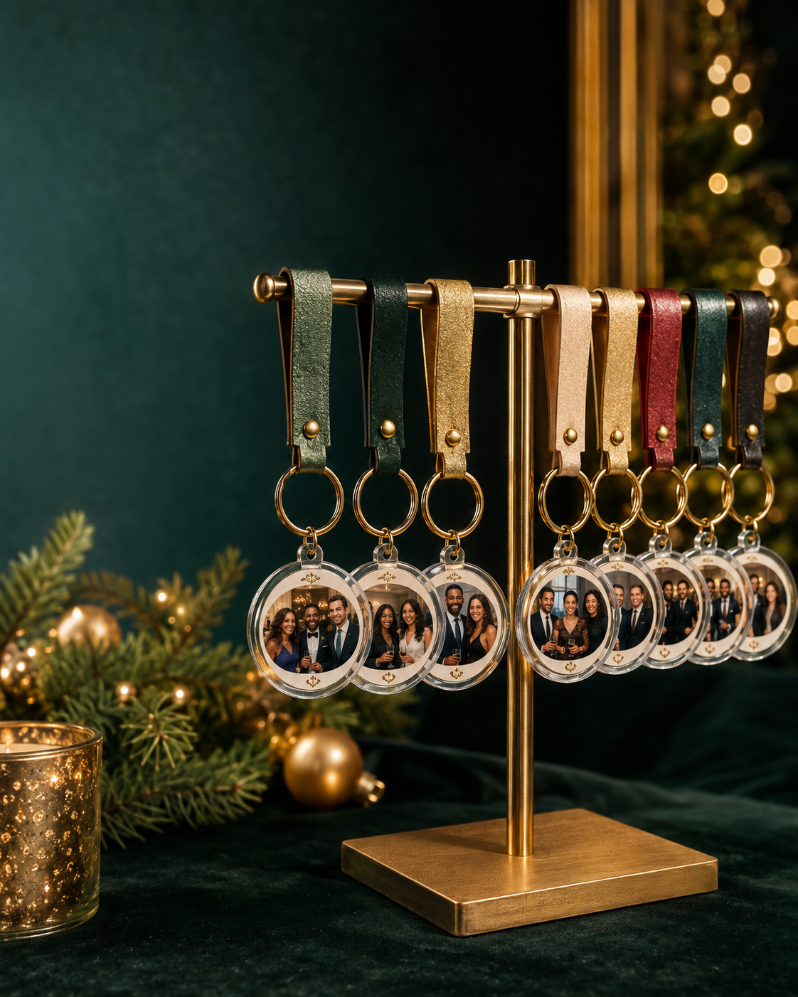 Holiday ornament keychain keepsakes with guest portraits displayed on a gold stand