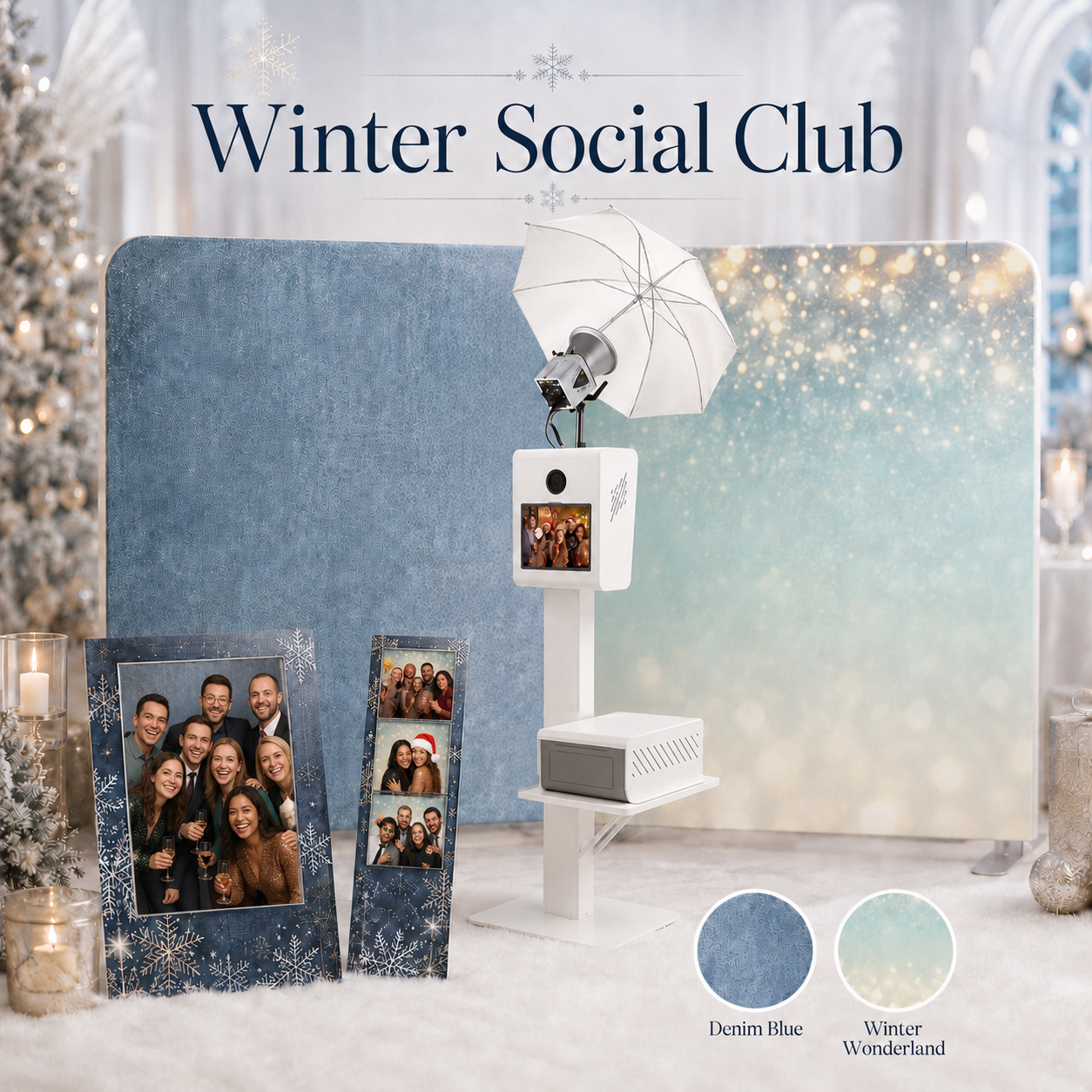 Winter Social Club portrait photography booth concept with denim blue and winter wonderland backdrops and snowflake photo prints