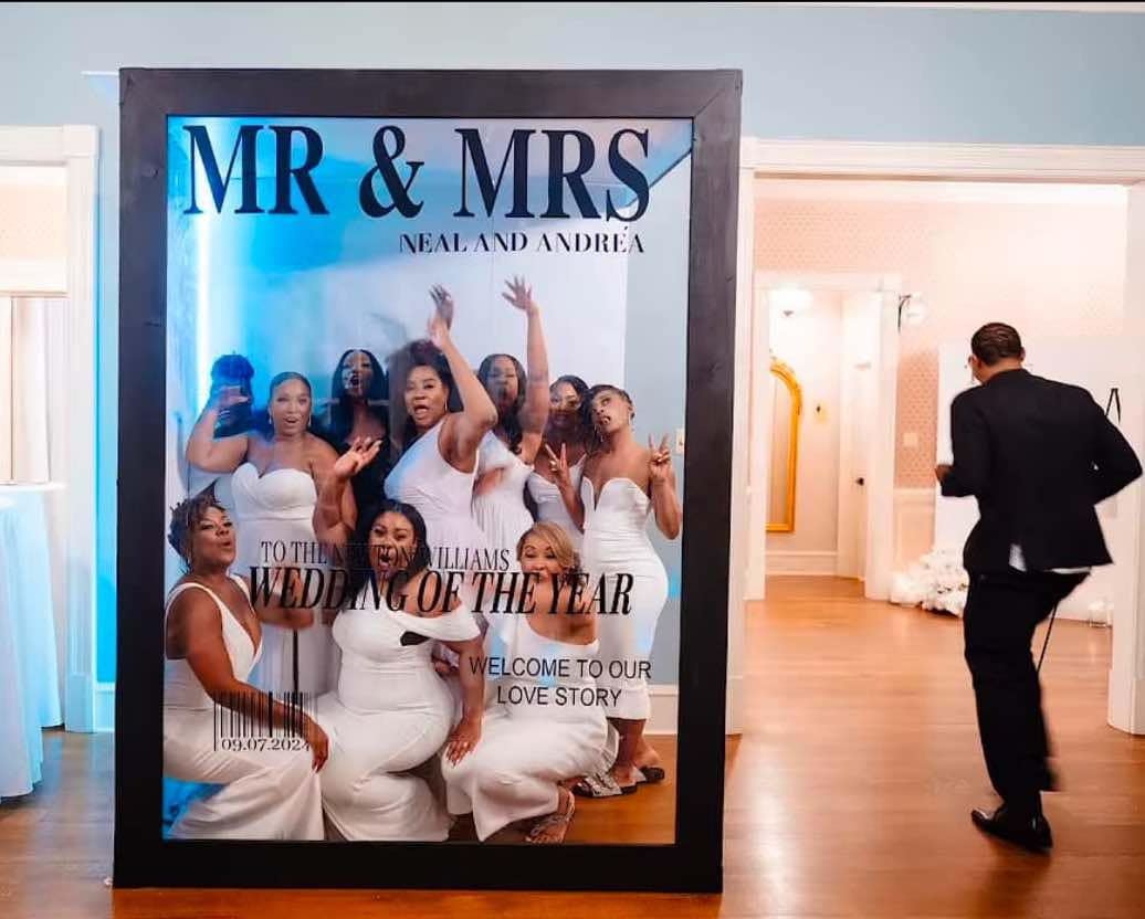 Bridal party posing for a Mr & Mrs wedding magazine cover