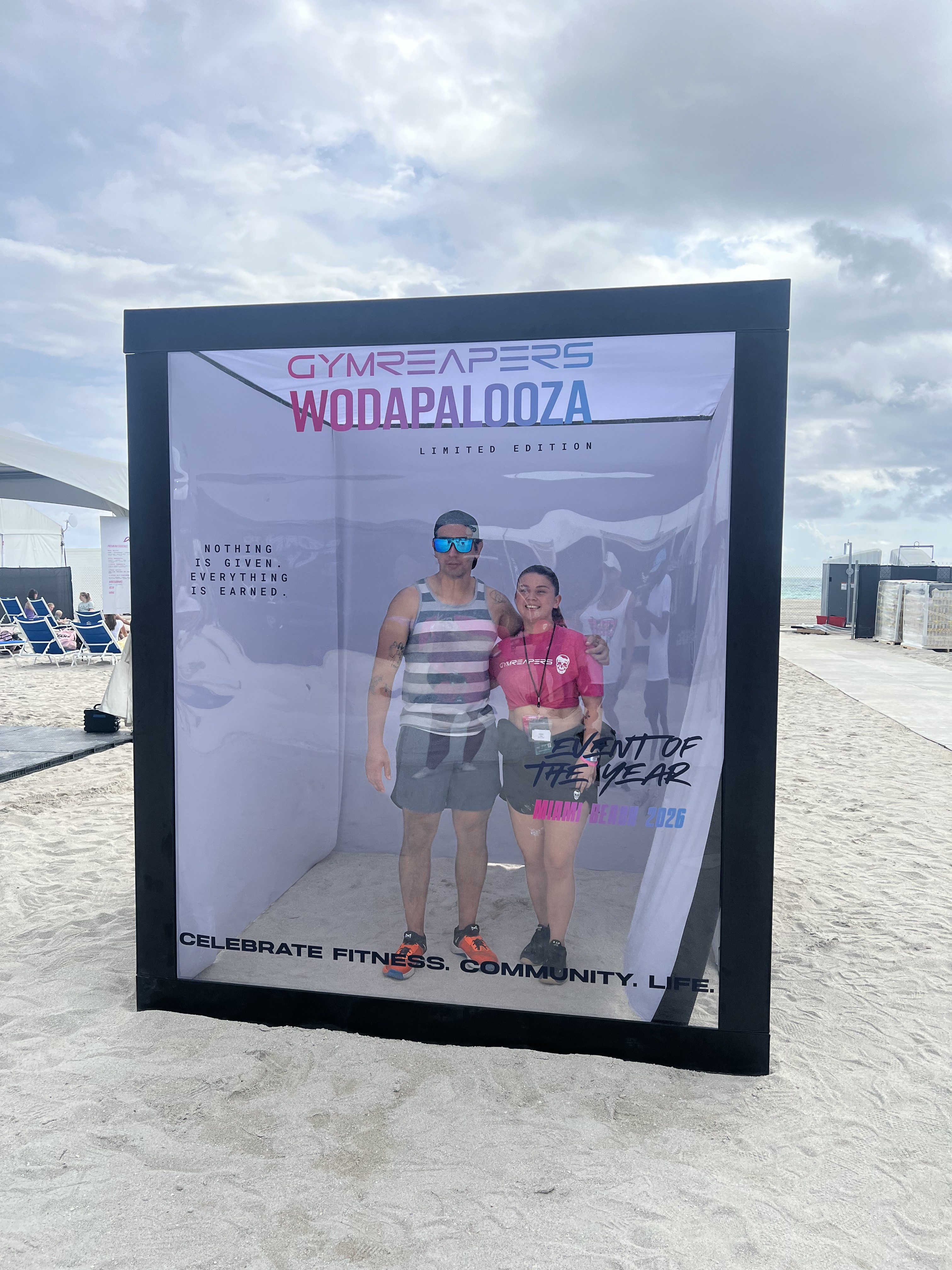 Full view of the Magazine Cover Studio structure on the sand at Wodapalooza Miami Beach