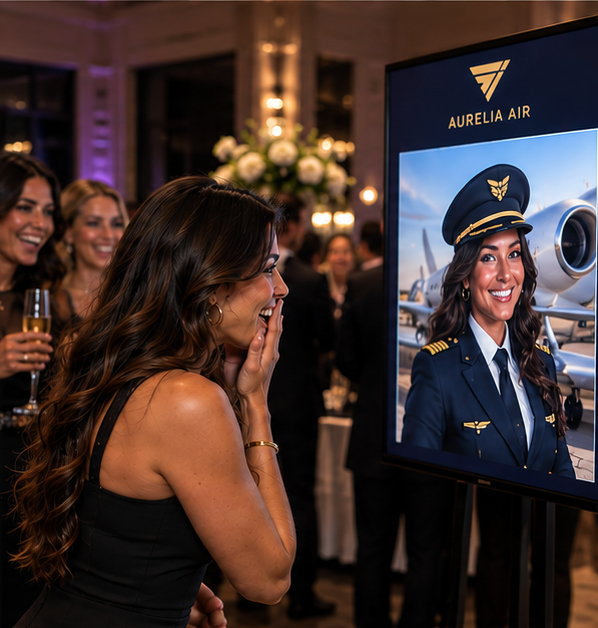 Guest reacting as her AI pilot portrait is revealed on screen (concept rendering)