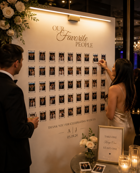 Wedding guests adding photo magnets to a custom 'Our Favorite People' magnetic gallery display