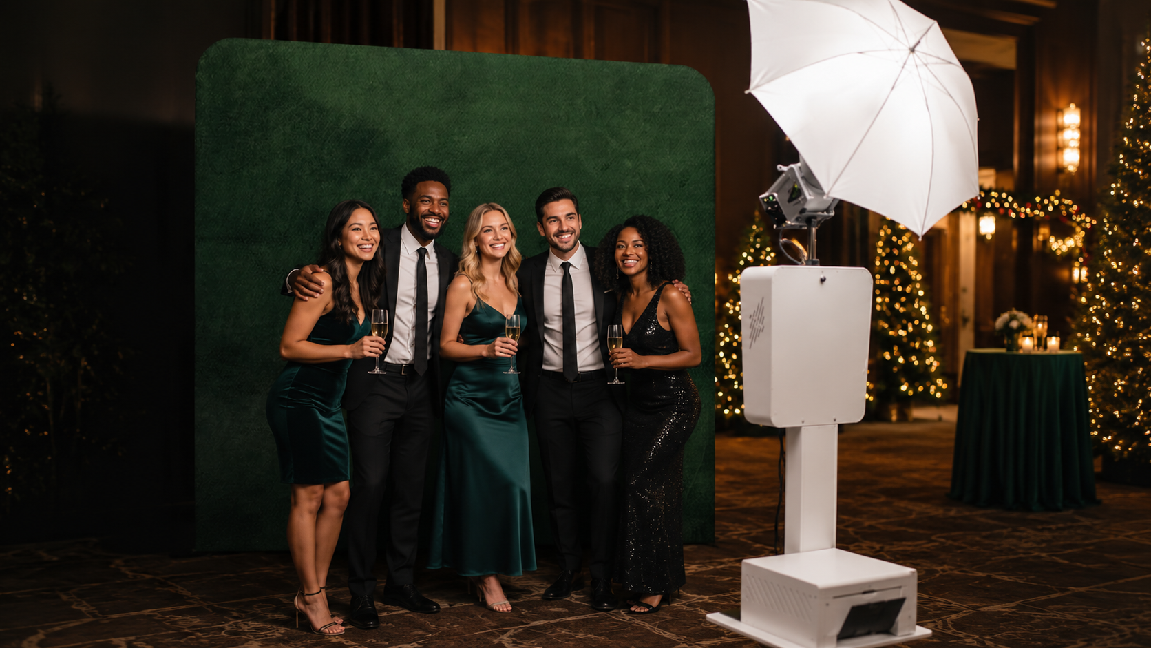 Corporate holiday party guests in emerald attire posing at the SnapJoy open-air DSLR portrait photography booth in front of an emerald backdrop