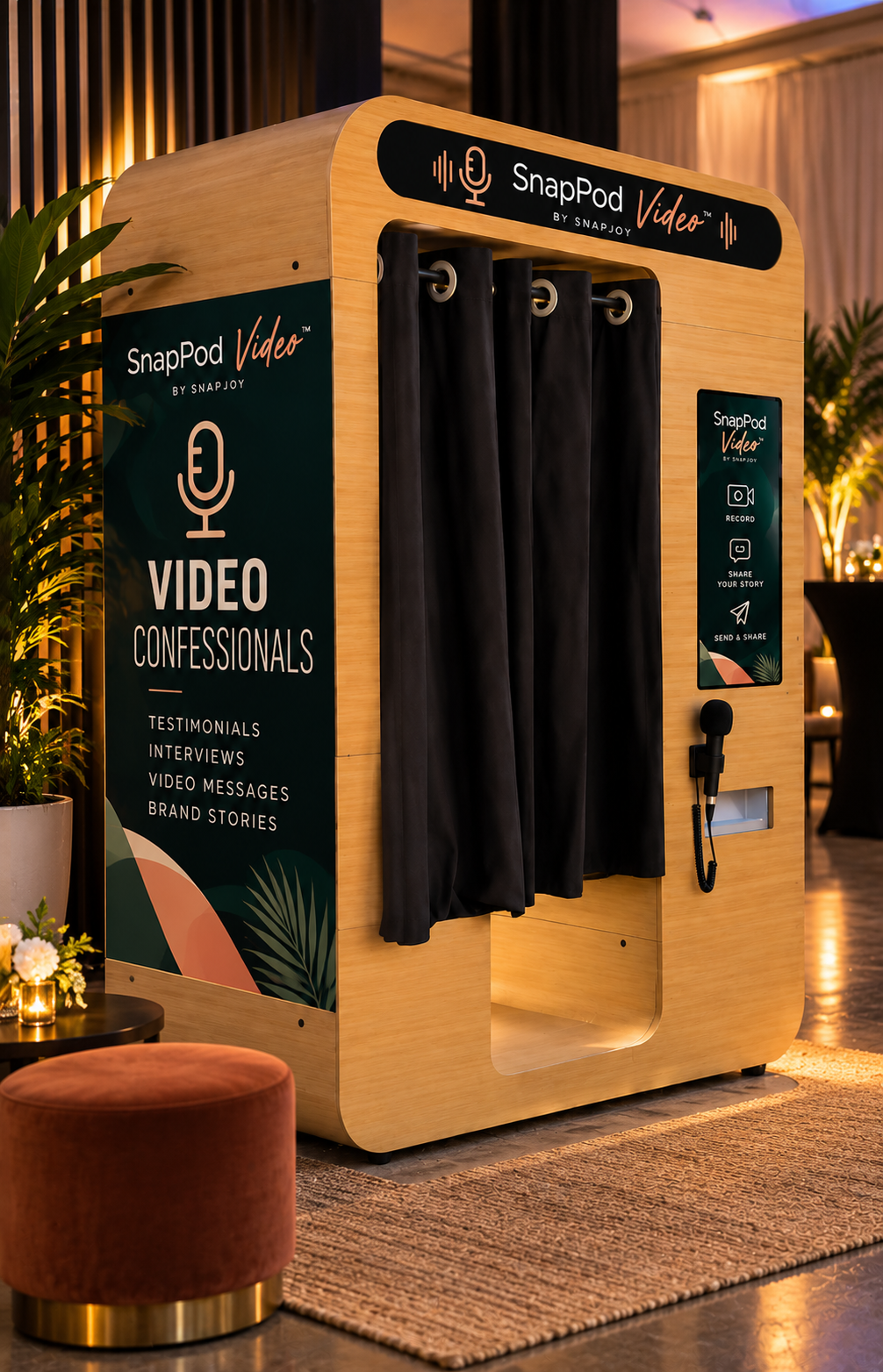 SnapPod Video confessional booth with mounted microphone beside the touchscreen