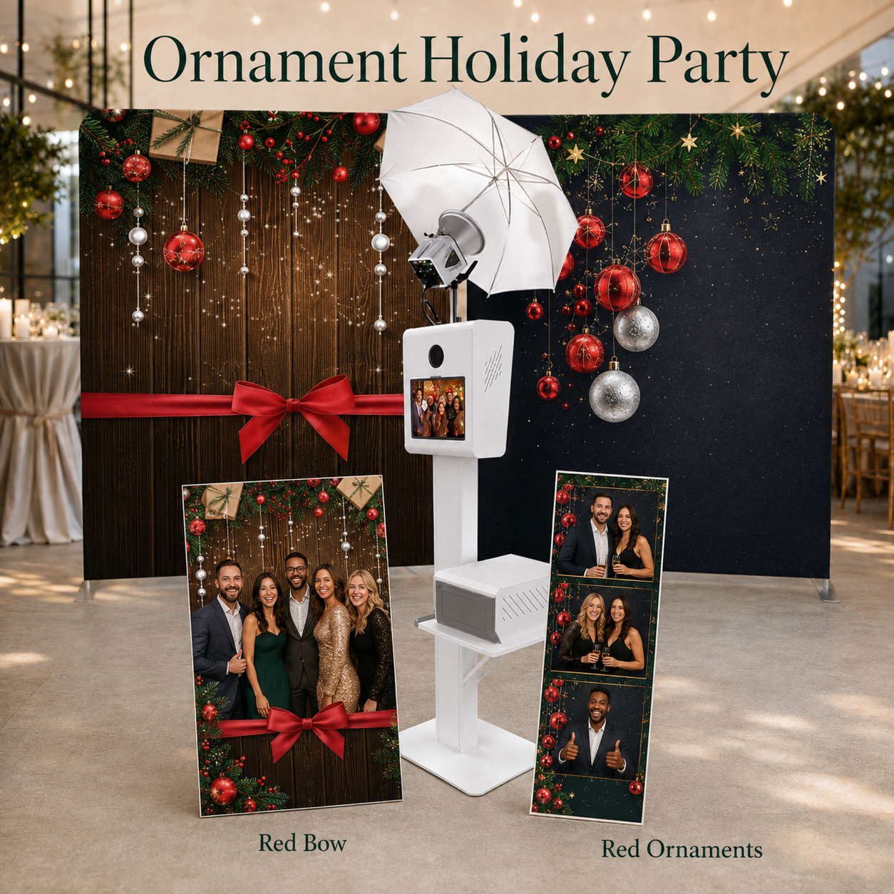 Ornament Holiday Party corporate photo booth concept with red bow and ornament backdrop, matching branded photo prints, and festive setup