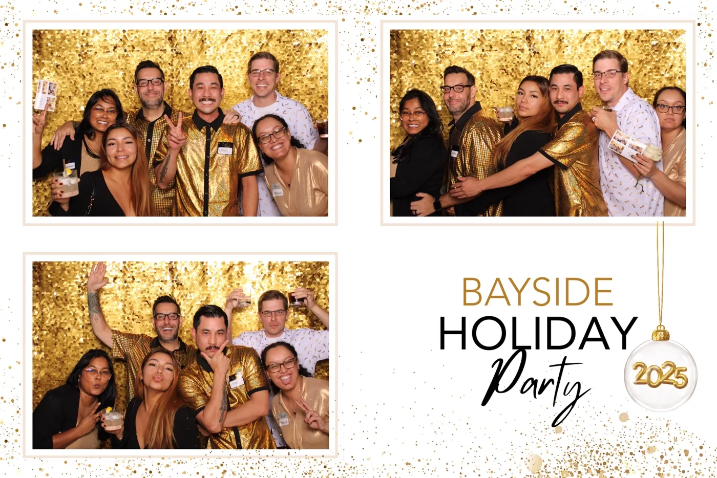 Bayside Holiday Party 2025 branded photo booth print with gold sequin backdrop