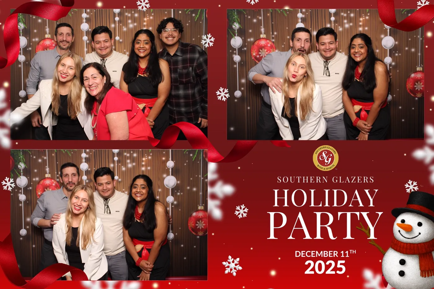 Southern Glazers Holiday Party 2025 branded corporate photo booth print with red ornament backdrop