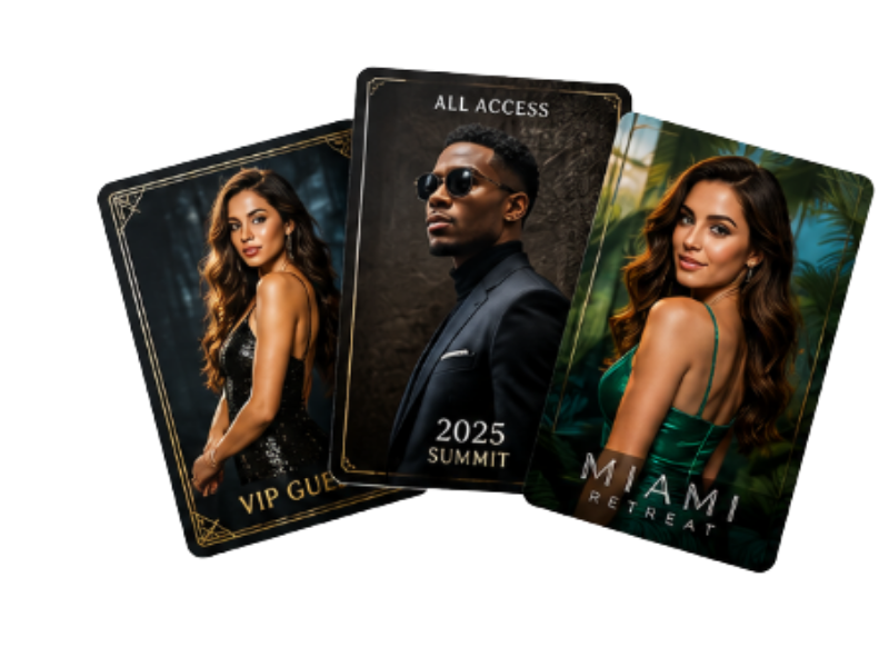 Fanned collection of premium personalized corporate event trading cards