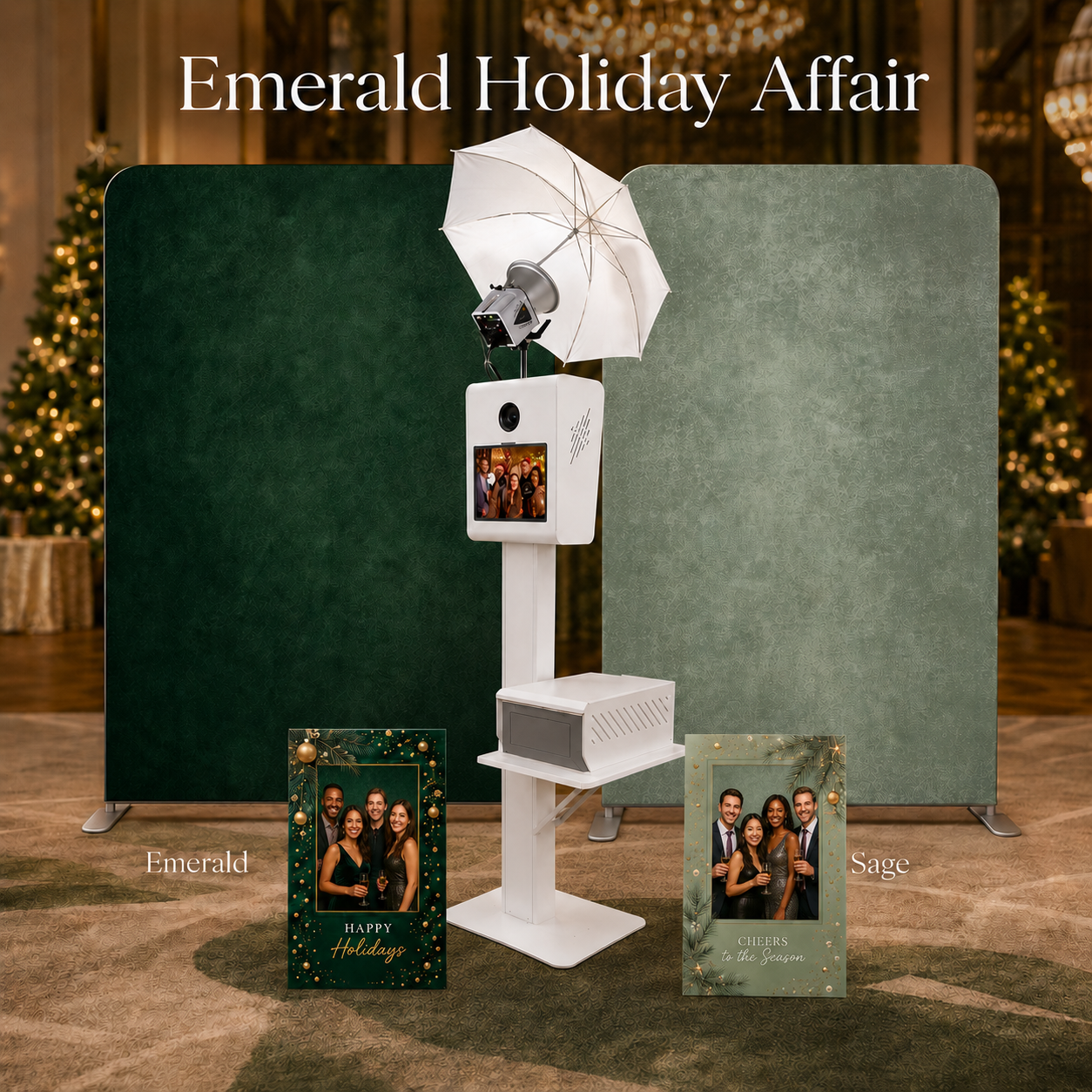Emerald Holiday Affair corporate holiday photo booth concept with evergreen and sage backdrops and matching gold holiday prints