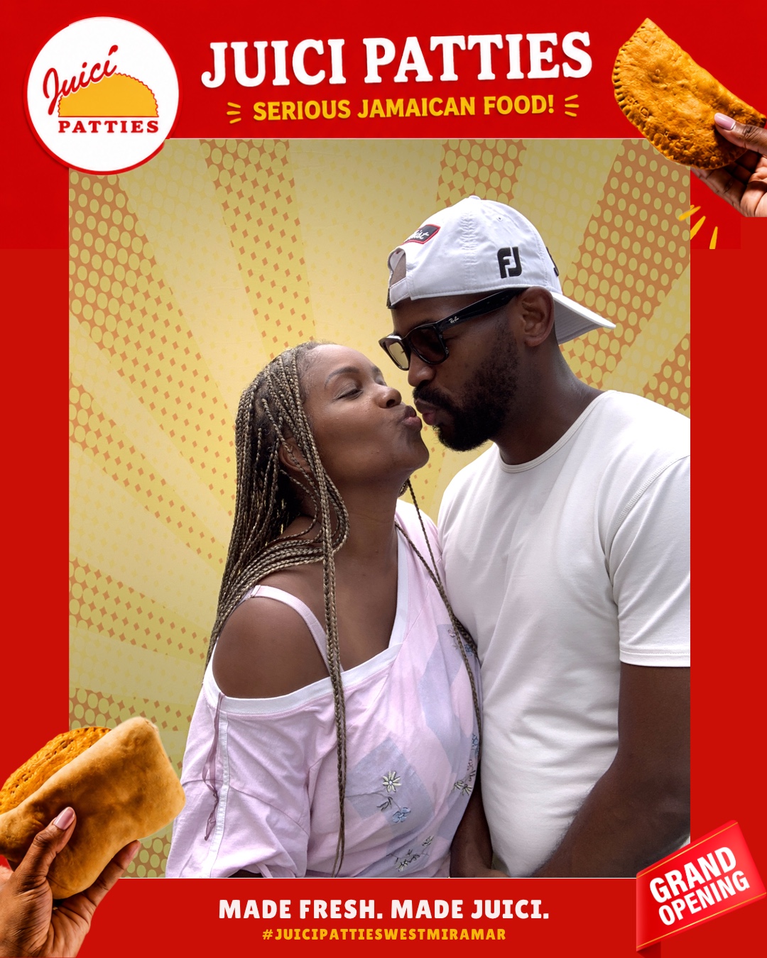 Custom branded Juici Patties photo overlay delivered to guests
