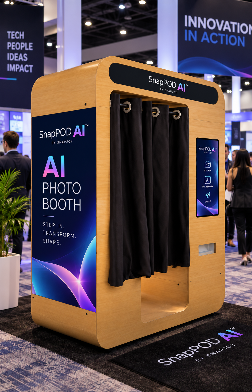 SnapPod AI enclosed AI photo experience on a trade show floor