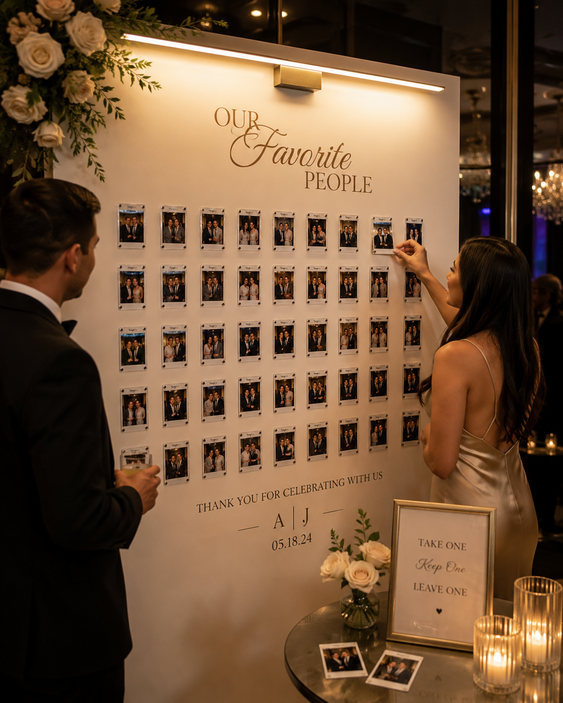 Luxury wedding magnetic gallery wall filled with personalized photo magnets