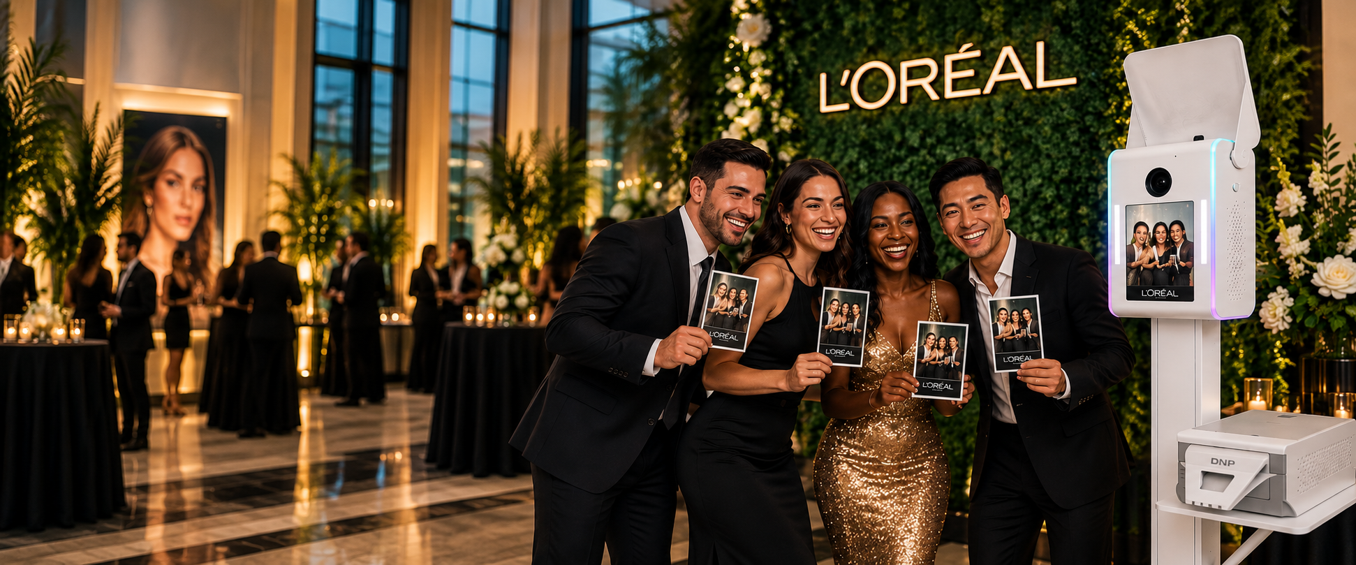 Corporate event guests holding branded L'Oréal photo booth prints beside a SnapJoy booth
