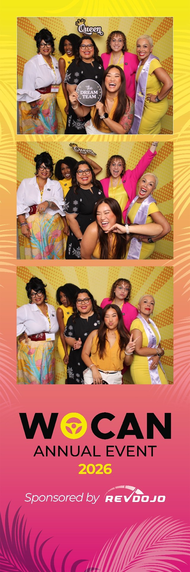 Branded WOCAN photo strip capturing guests posing together at the automotive industry event.