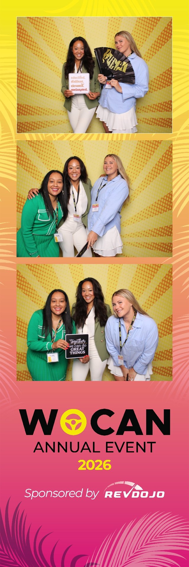 WOCAN branded photo strip with attendees in front of the yellow event backdrop.