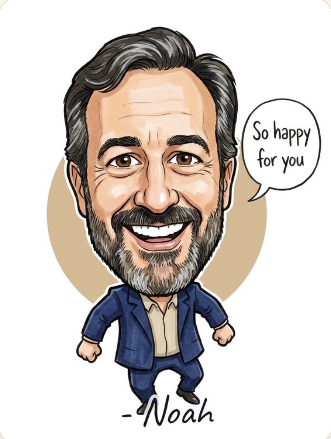 Finished digital caricature of a smiling guest in a navy suit with a speech bubble reading 'So happy for you'