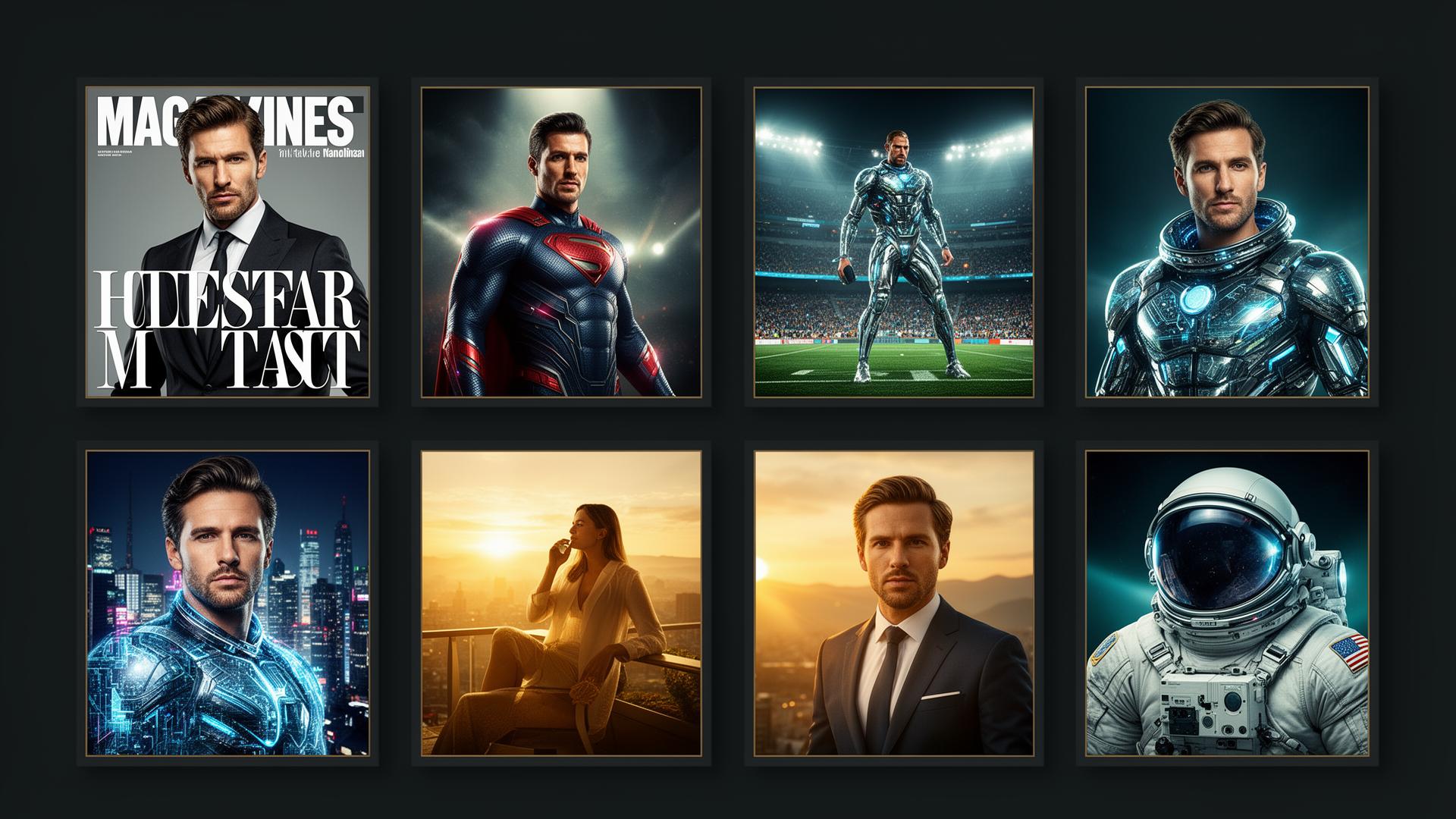 A grid of AI-generated portraits — magazine cover, superhero, sports legend, futuristic executive, luxury traveler, and astronaut