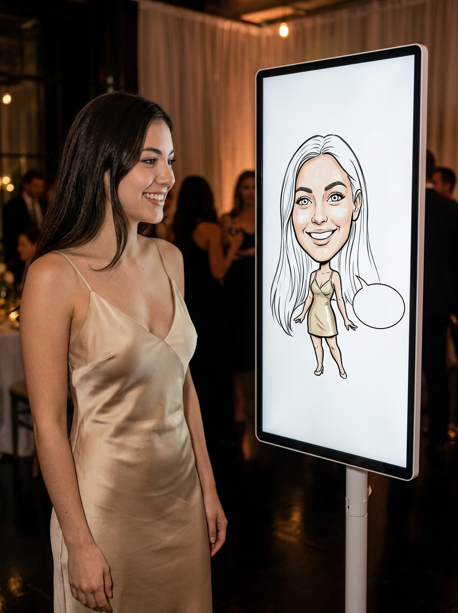 The guest watching her caricature being drawn on a screen at the venue