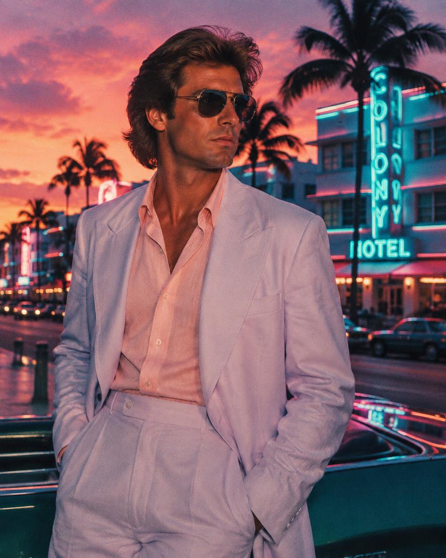 AI transformation: Cinematic 1980s Miami
