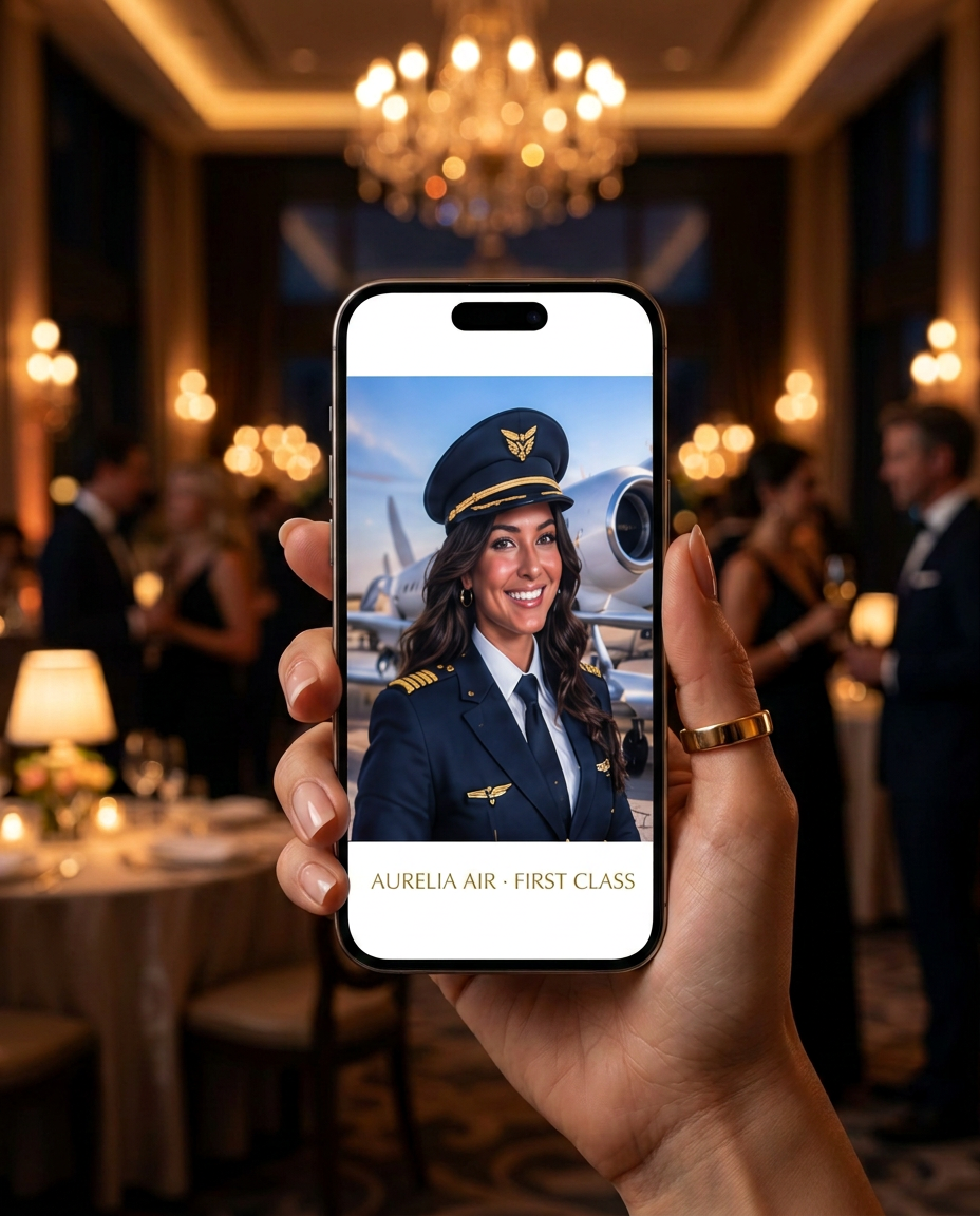 Branded AI pilot portrait delivered to a guest's phone (concept rendering)