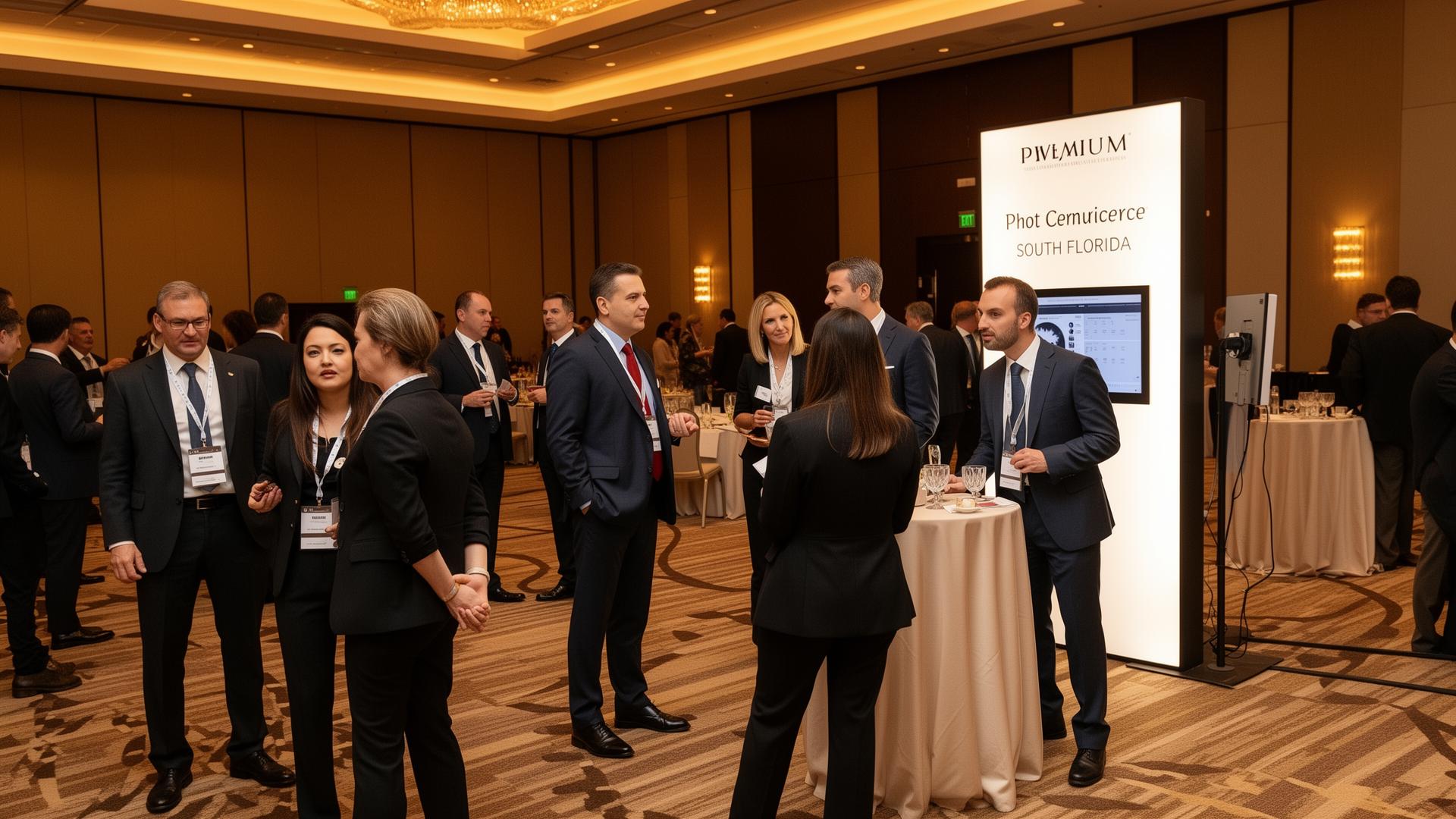 Corporate attendees networking at a South Florida conference with a branded SnapJoy photo experience