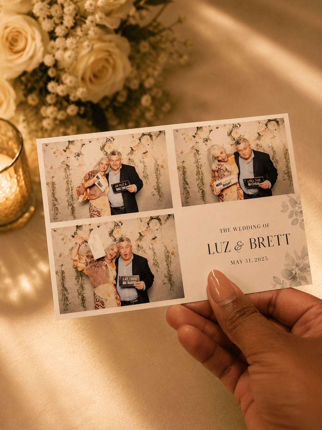 A 4x6 wedding print being shared between guests